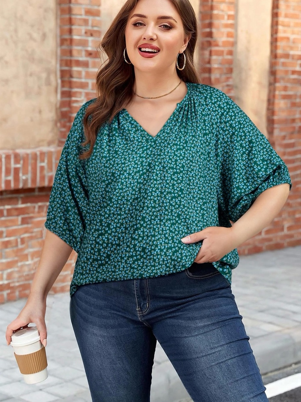 Plus Size Teal V-Neck Ditsy Floral Blouse